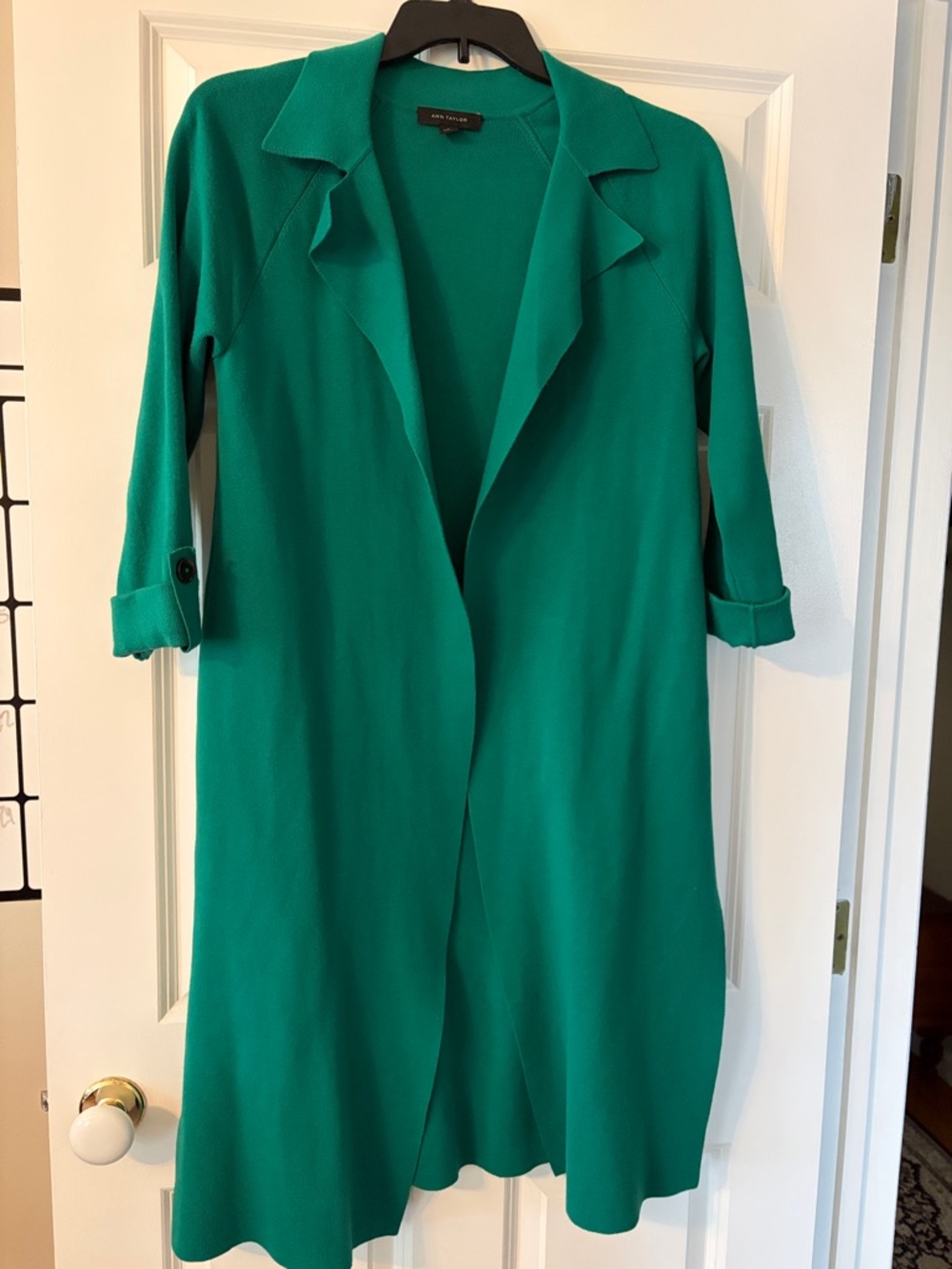 Ann Taylor Long Open Front Green Cardigan